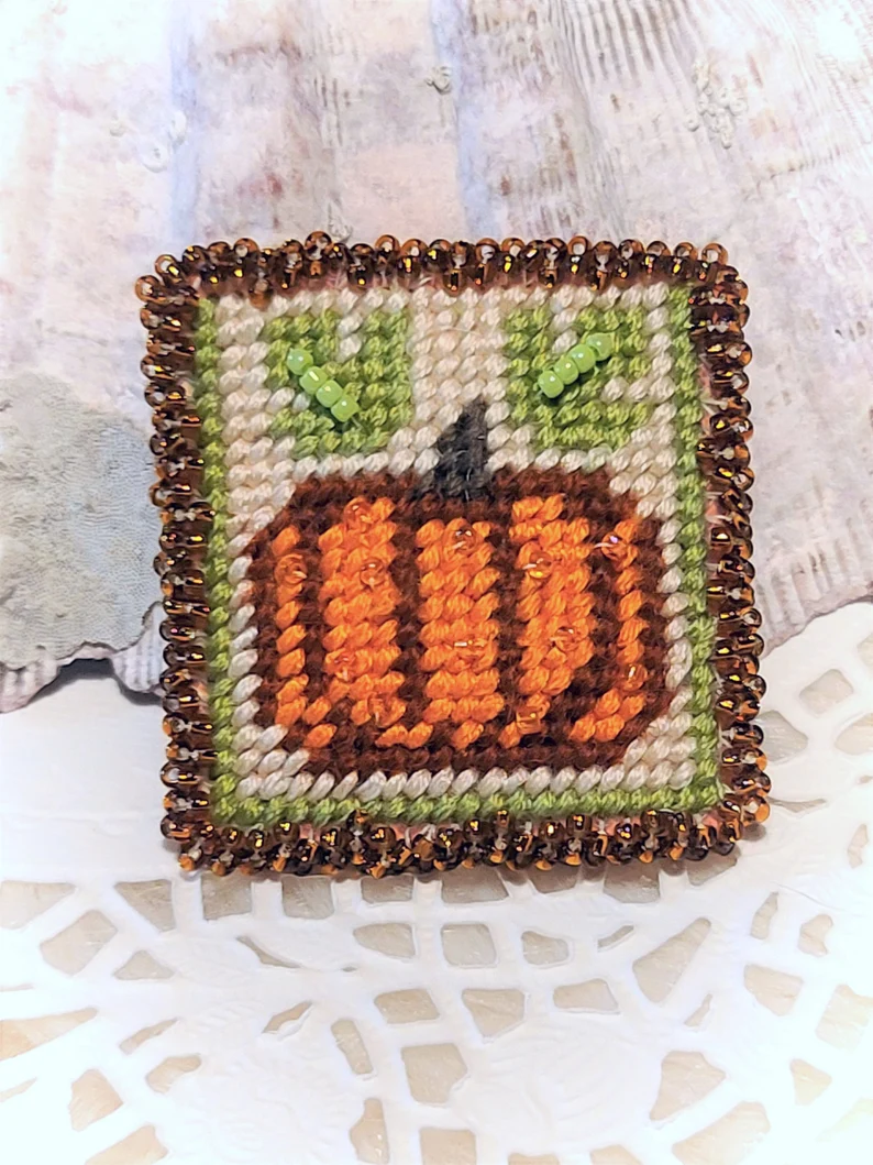 Needlepoint and beaded Fall Autumn Pumpkin Pin